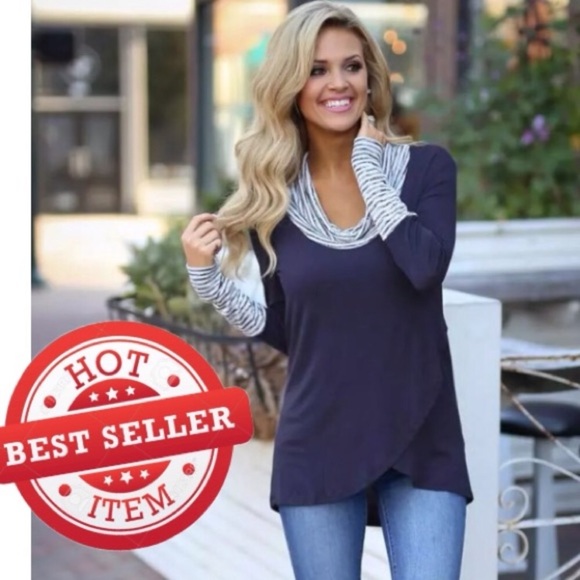 ๐HP๐Womenโs Cowl Neck Striped Long Sleeve High-Low Hem Tunic Top Size M - Picture 2 of 3